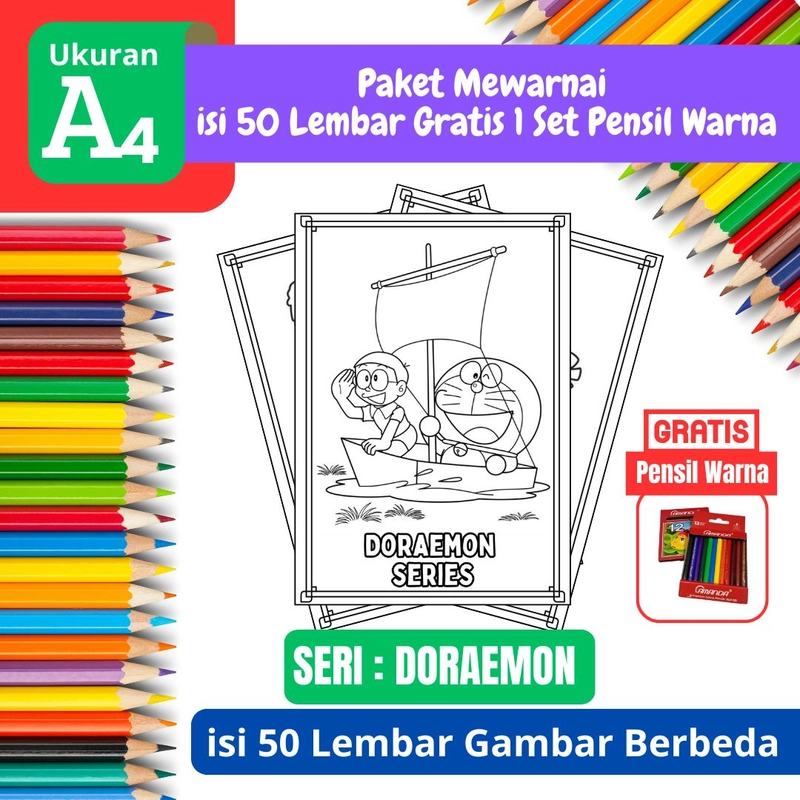 Product image FEID Store - [ EDISI DORAEMON ] Promo Paket Mewarnai isi 50 Lembar Gratis 1 Set Pensil Warna - A4 Tebal A4 TEBAL