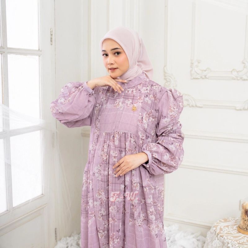 Product image Sakura Baru X FnW - Dress Malika Babydoll Motif Floral Lengan Puffy Muslimah Elegan All Size Pink