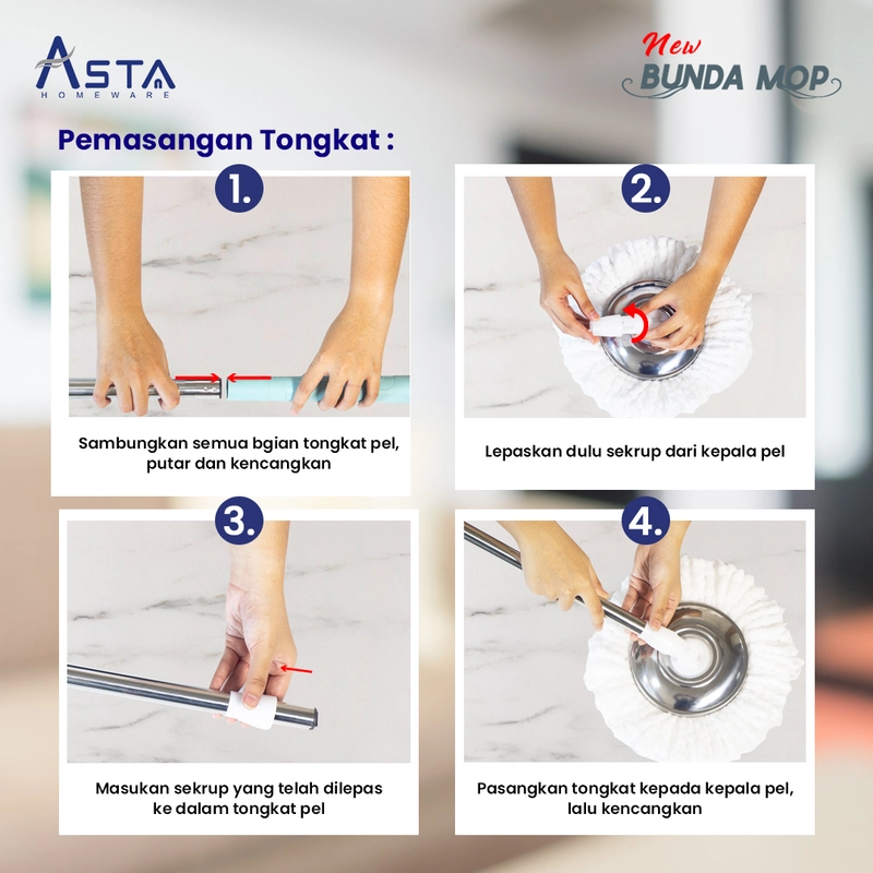 Product image Asta Homeware Official - Tongkat Pel Spin Mop / Gagang Pel Spin Mop + Kain Pel Bunda Mop Warna Soft Choco