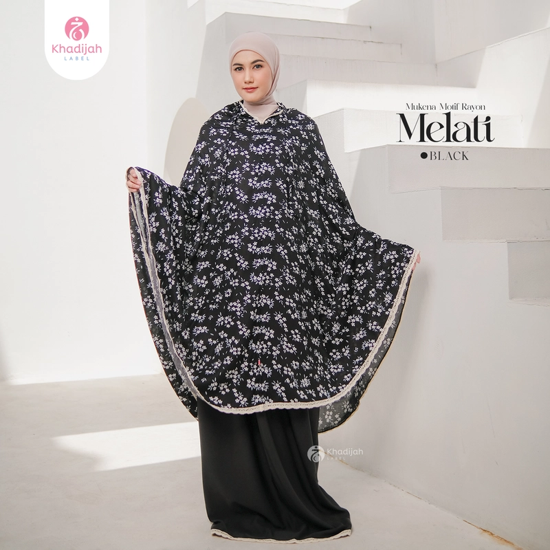 Product image KhadijahLabel - Mukena Dewasa Resleting Dagu Motif Melati Semi Jumbo Black