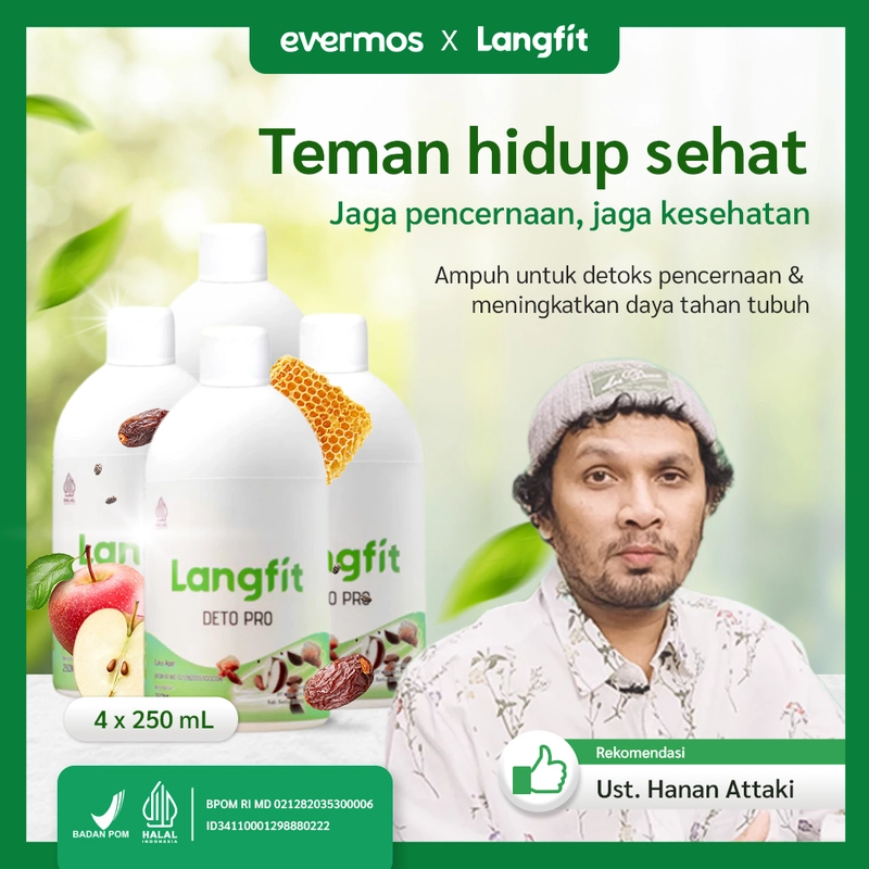 Product image Langfit - Paket 4 Botol Deto Pro Cuka Apel + Madu Stevia Probiotik Chia Seed 1 Paket Isi 4 Botol