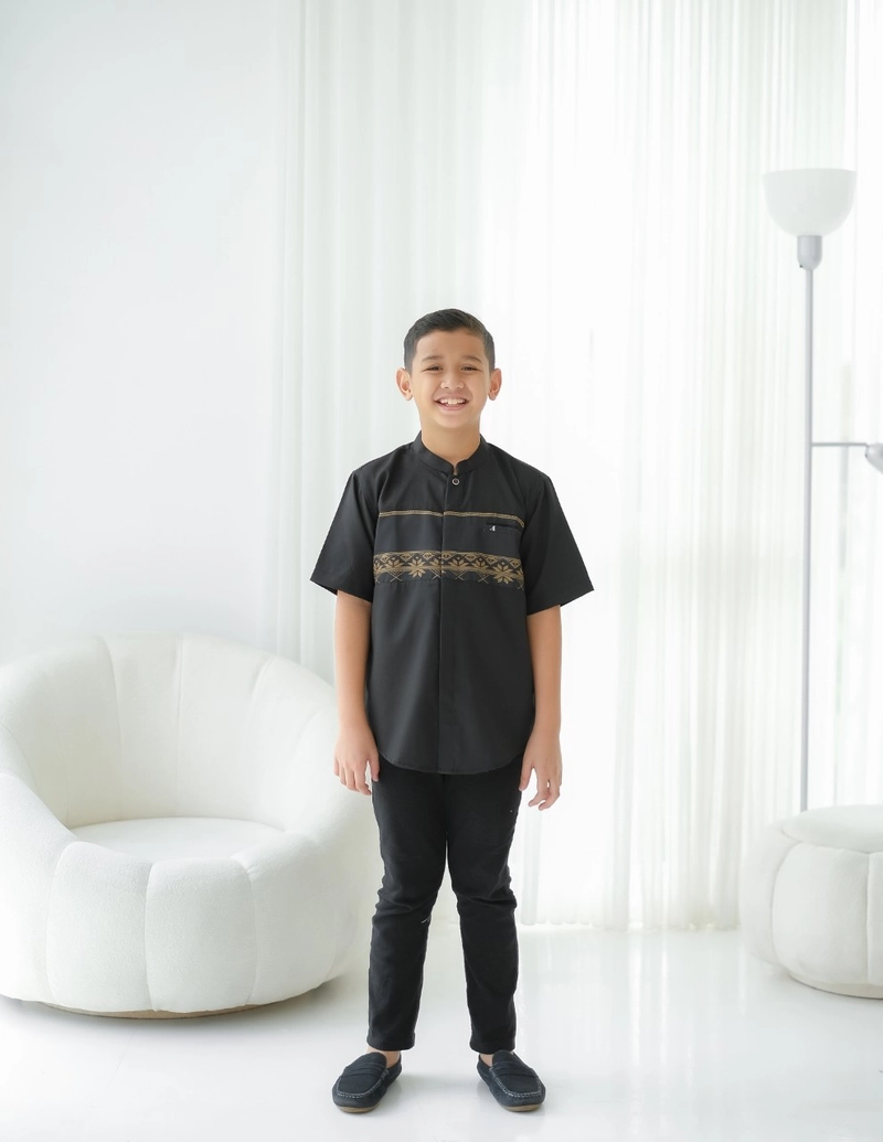 Product image Al liwa Couple anak dewasa usia 2th - 11th kemeja koko lengan pendek bahan toyobo premium S (4-5th) hitam