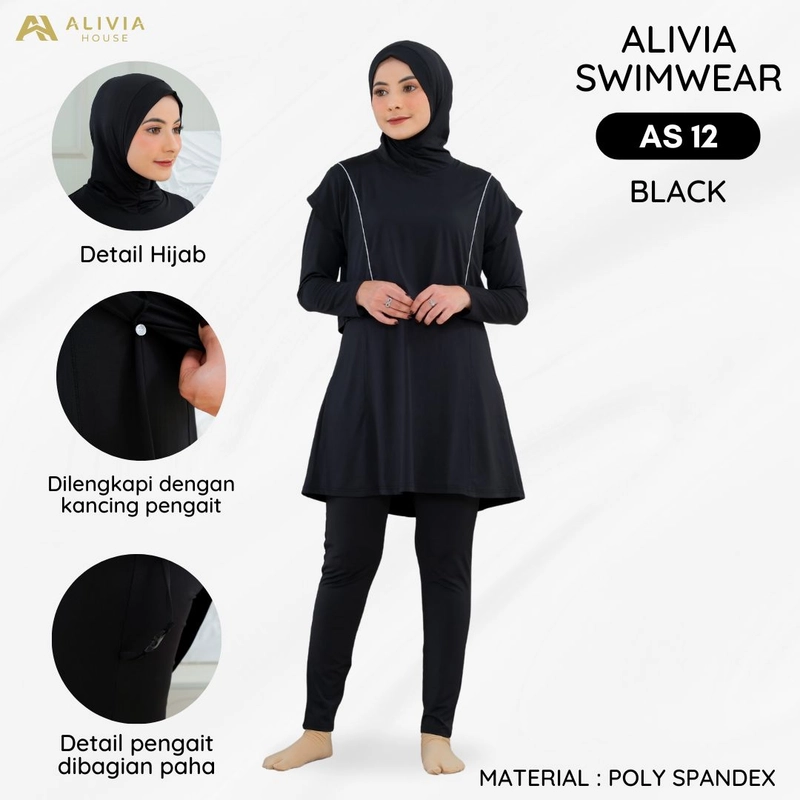 Product image Alivia House - Alivia Swimwear AS 12 - Baju renang muslimah syari Poly Spandex dewasa wanita muslimj XL Black