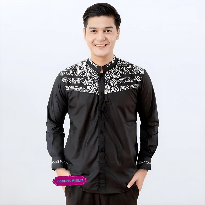 Product image Kois Batik - Baju Koko Pria Dewasa kombinasi Batik katun prima Lengan panjang Xl Hitam