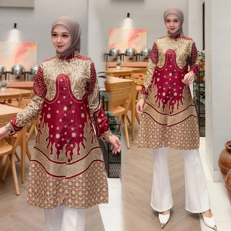 Product image Batik Mafaza - Batik atasan pria dan wanita coupel boleh dibeli terpisah motif unggun burgundy L Tunik unggun burgund