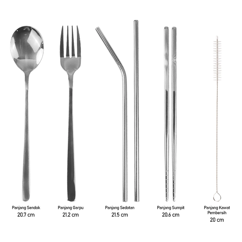 Product image RUMAH RAYA - (PO) Set Alat Makan Sendok Garpu Sedotan Sumpit dengan Pouch 6 PCS - T10 1 Set 6 Pcs Silver