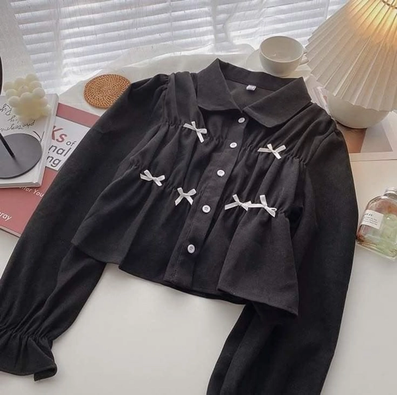 Product image Sseolshop - Kemeja wanita coquette / kemeja rayon twill lengan panjang terbaru jumbo putih hitam M Hitam