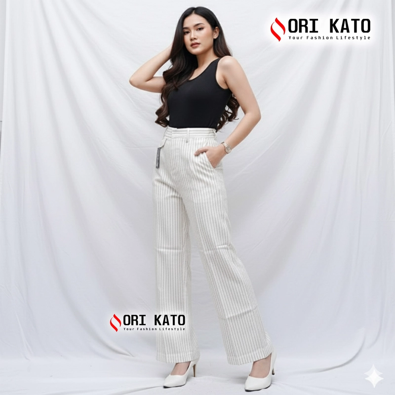 Product image Ori Kato - Celana Oro Pants kain Semi woll melar elastis XXL Putih Stripe