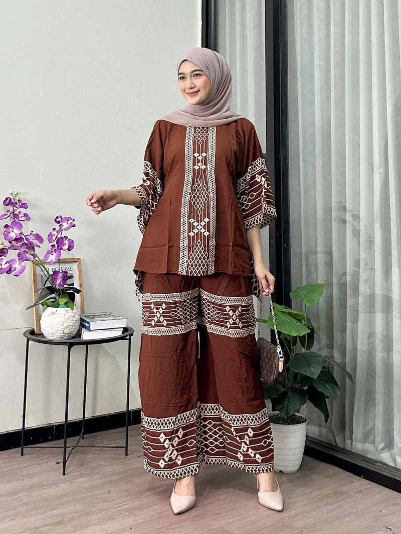 Product image Batik Alfin - Baju wanita muslim setelan one set waka waka Herlina mode kekinian terbaru Allsize Herlina coklat