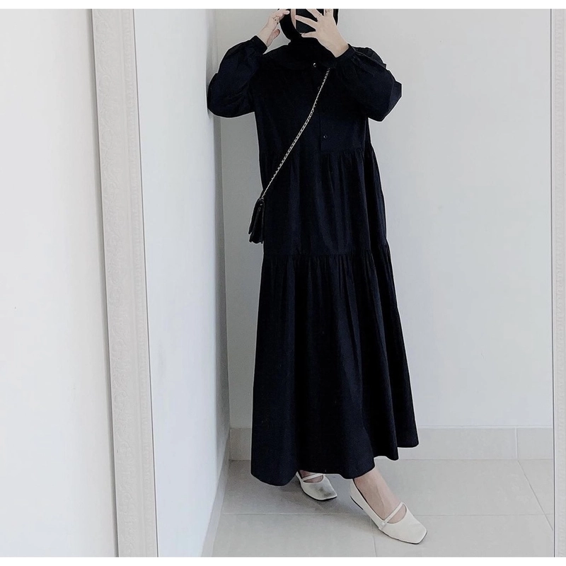 MEQA DAILY - Gamis Luna Midi Dress Fashion Wanita Allsize Hitam