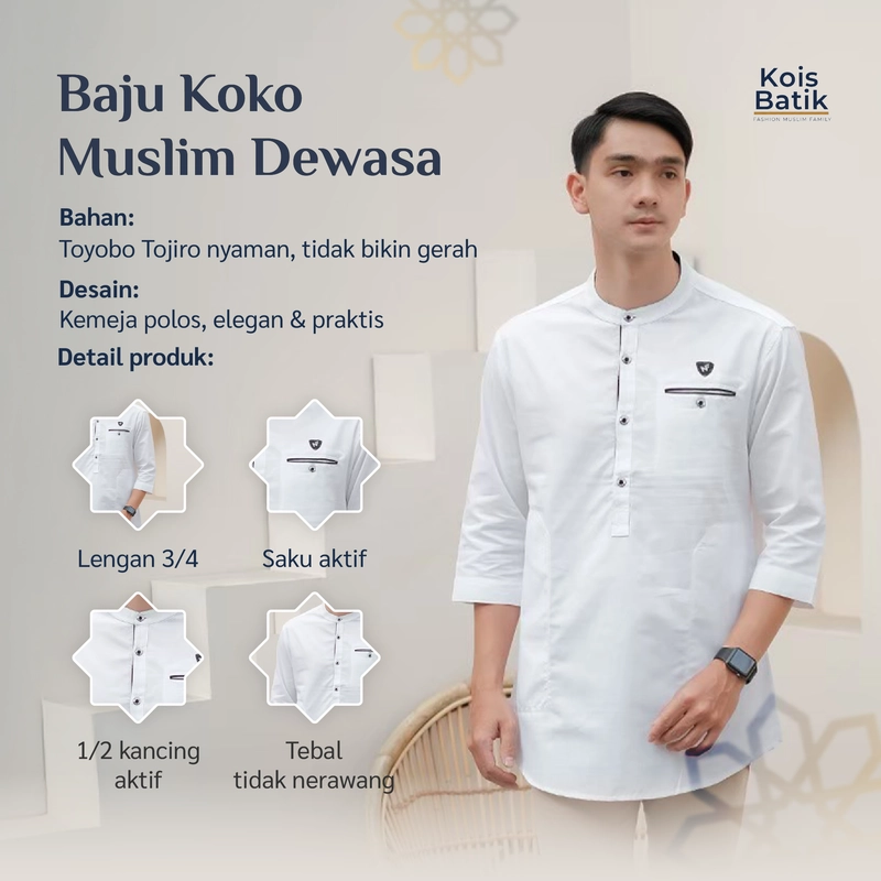 Product image Kois Batik - Baju koko muslim dewasa warna putih lengan 3per4 bagus banget M Putih