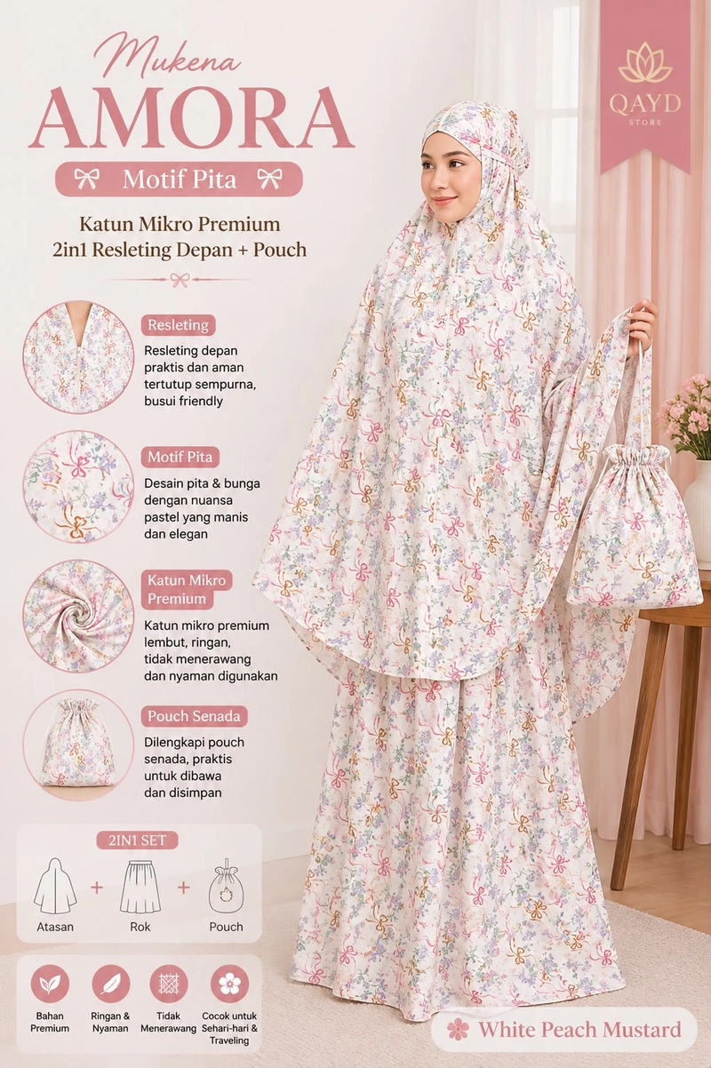 Product image qaydstoreid - Beli 1 Gratis 1 Mukena Amora Motif Pita-Katun Mikro Premium 2 in 1 Resleting Depan + Pouch All Size White peach Mustard