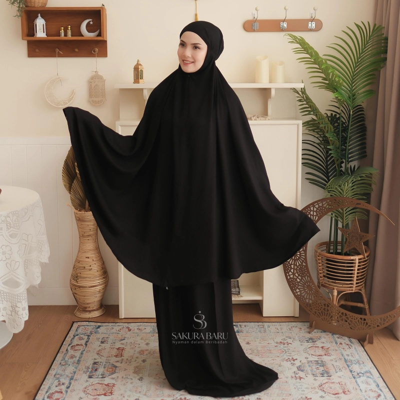 Product image Sakura Baru - Sakura Baru - New Launching Mukena Mukena Shazfa Rayon Twill Premium 2in1 Jumbo Wanita Dewasa Muslim All Size Hitam