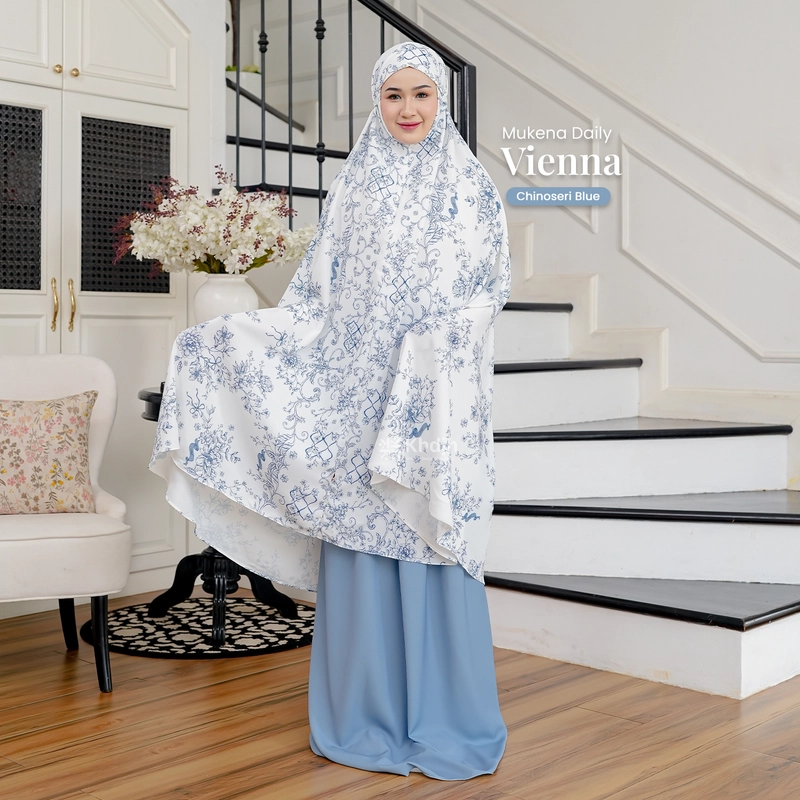 Product image KhadijahLabel - Mukena Daily Dewasa Jumbo Premium 2 in 1 Motif Terbaru Vienna Jumbo Chinoserie Blue