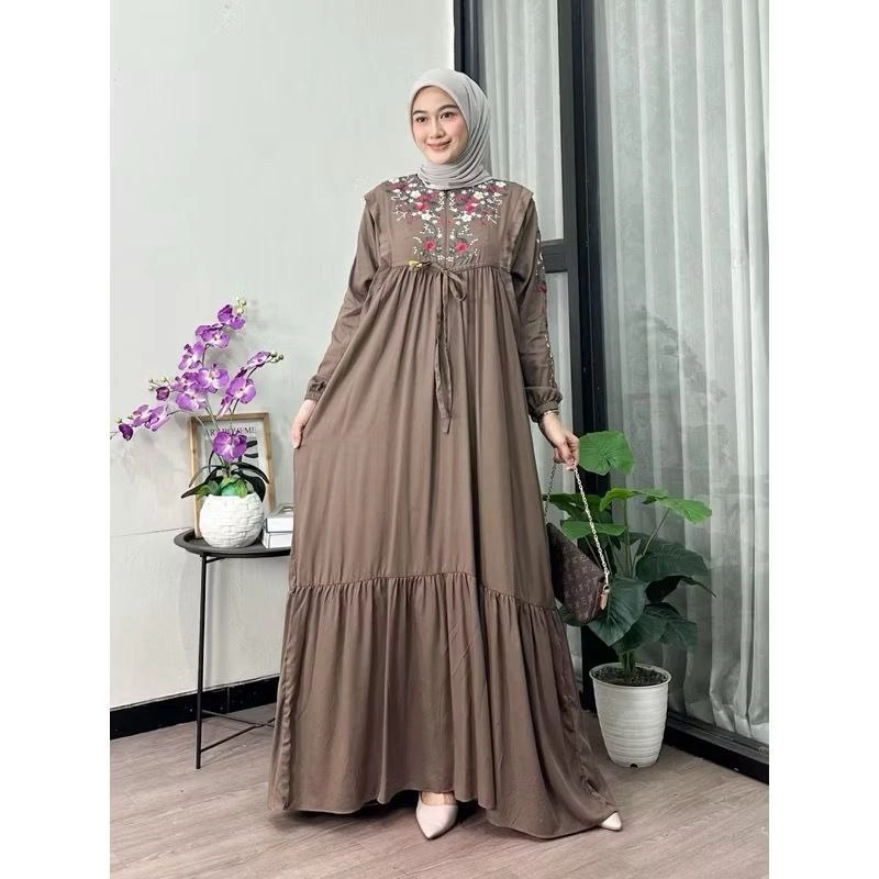 Product image Khisna collection - Gamis drees bordir ellena bestseller bagus untuk bepergian Allsize Coklat