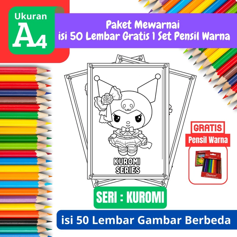 Product image FEID Store - [ EDISI KUROMI ] Promo Paket Mewarnai isi 50 Lembar Gratis 1 Set Pensil Warna - A4 Tebal A4 TEBAL