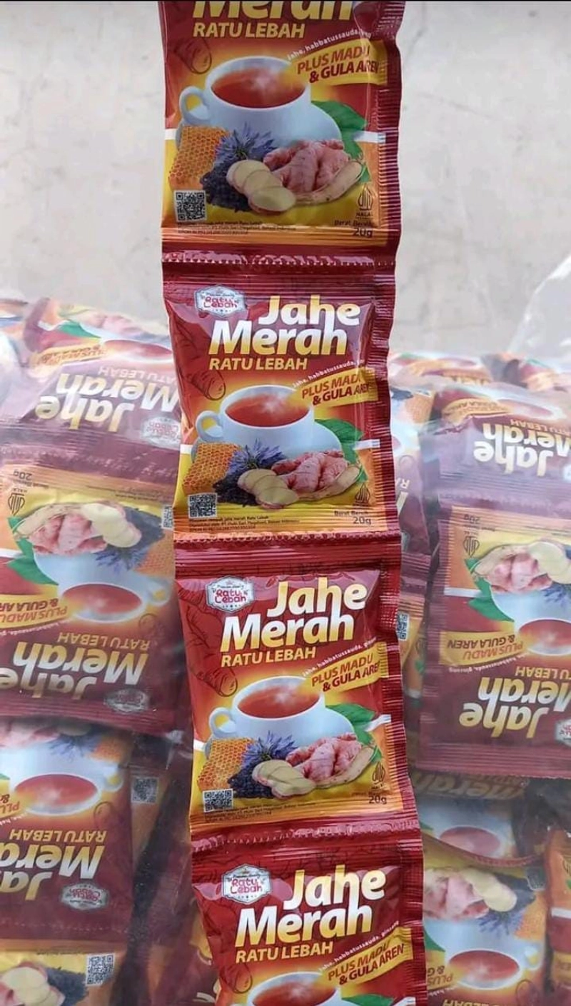 Product image Ratu Lebah Jahe Merah Plus Madu dan Gula Aren - Minuman Jahe Merah Bubuk / Minuman Hangat 1 RENCENG