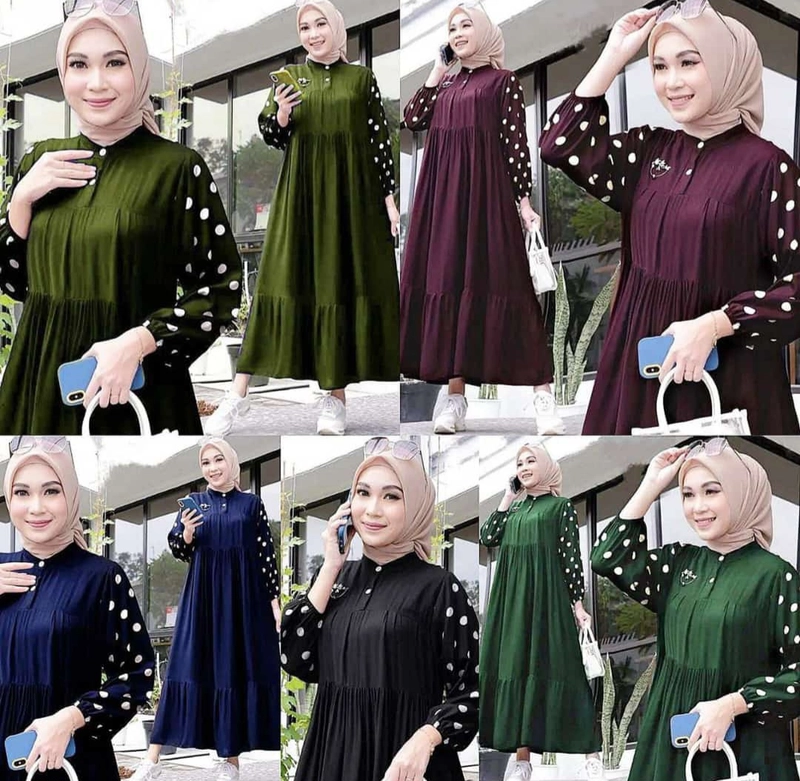 Product image Fisky Collection - Gamis Rayon Lengan Polka All Size Hijau Botol