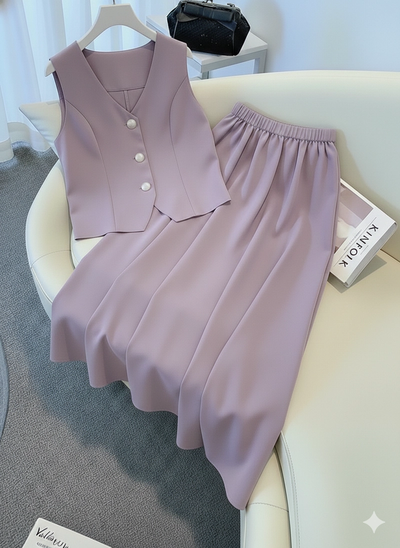 Product image Sseolshop - Sophia Setelan Vest Tanpa Lengan Dan Rok Panjang Bahan Sabrina Premium Adem Casual L Light Plum