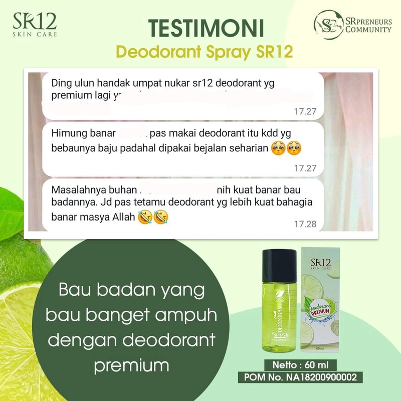 Product image Deodorant Spray Reguler SR12 Menahan Bau Badan Menahan Keringat Berlebih Non Parfum 60 ml Premium