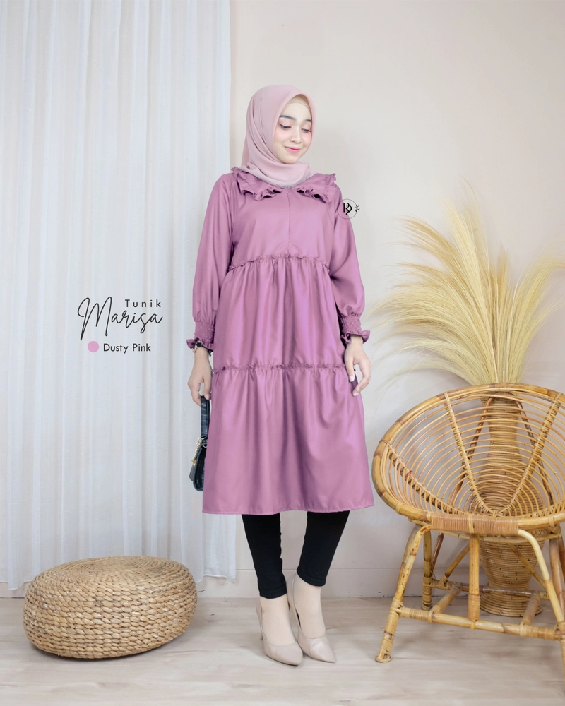 Product image Erdua - Marisa Long Tunik by Erdua A006 Atasan Katun Toyobo Rampel Ruffle Polos Kekinian L dusty pink