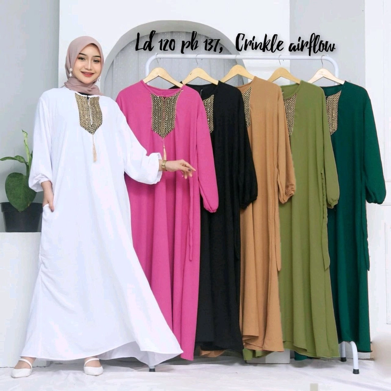 Product image Gamis Ameena Bahan Crinkle Airflow Halus Lembut dan Kuat Busui Zipper Allsize Putih Tulang