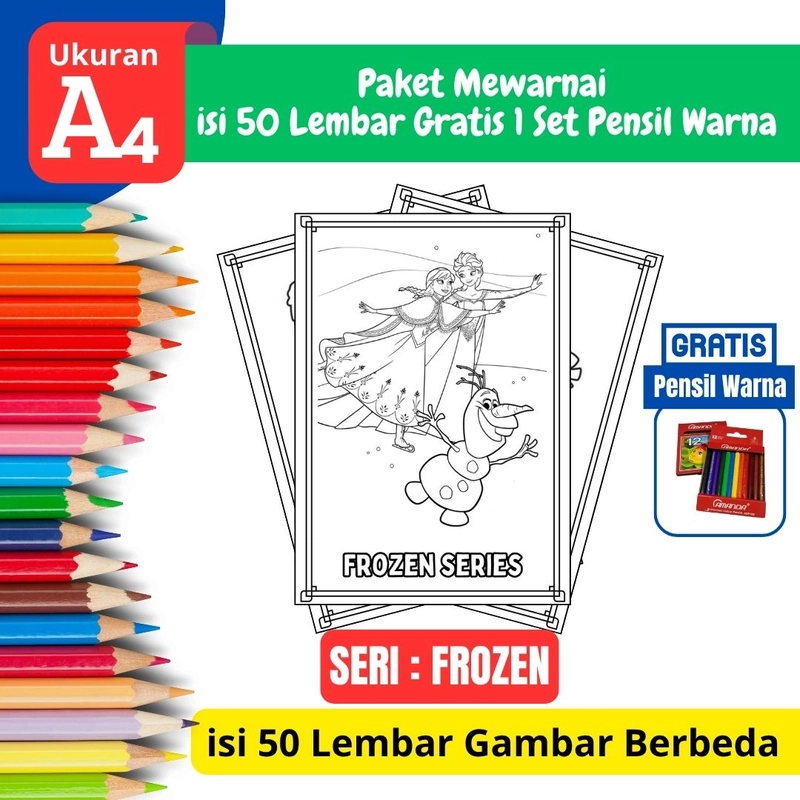 Product image FEID Store - [ EDISI FROZEN ] Promo Paket Mewarnai isi 50 Lembar Gratis 1 Set Pensil Warna - A4 Tebal A4 TEBAL