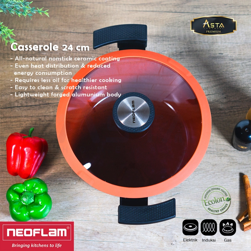 Product image Asta Premium Casserole Panci Sup Anti Lengket Neoflam Ceramic Coating Tutup Kaca Premium 24 cm Ukuran Casserole 24 cm
