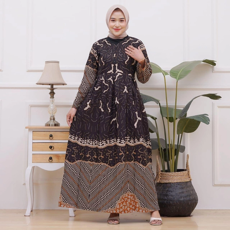 Product image Kois Batik - Gamis Batik Coupel Kemeja Boleh Dipisah Modern Simpel Motif malika hitam GAMIS JUMBO Gamis Malika hitam