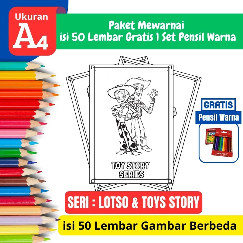 Product image FEID Store - [ EDISI LOSTO & TOYS STORY ] Promo Paket Mewarnai isi 50 Lembar Gratis 1 Set Pensil Warna - A4 Tebal A5 TEBAL