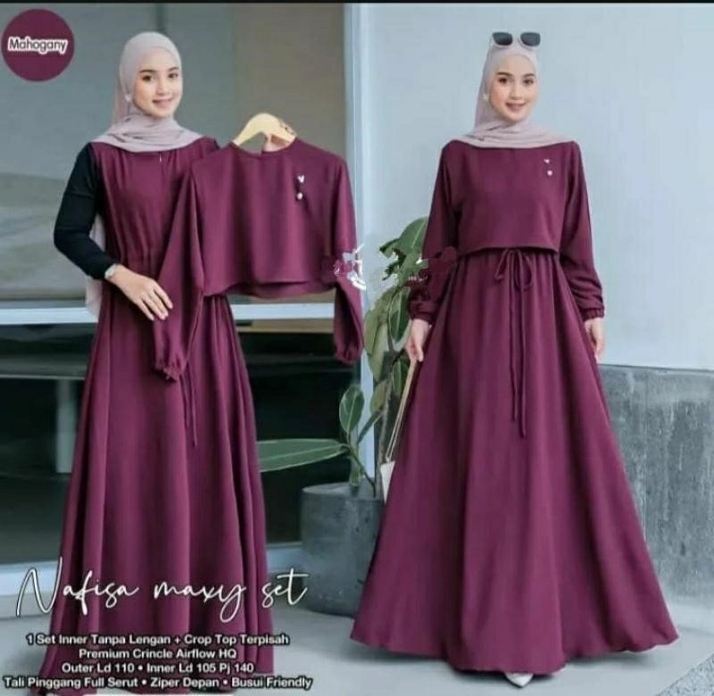 Product image Bursanekashop - NAFISA maxy set 2in1 inner outer crop setelan gamis polos terbaru L MAROON