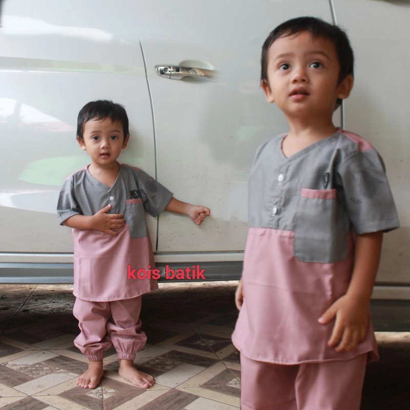 Product image Kois Batik - Baju muslim anak setelan baju dan celana lengan pendek abu lilac L Abulilac