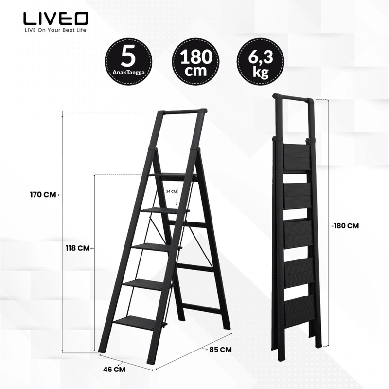 Product image Liveo - Tangga Rumahan Lipat Alumunium LIVEO LV-185 / Ladder 5 Step 7000 hitam