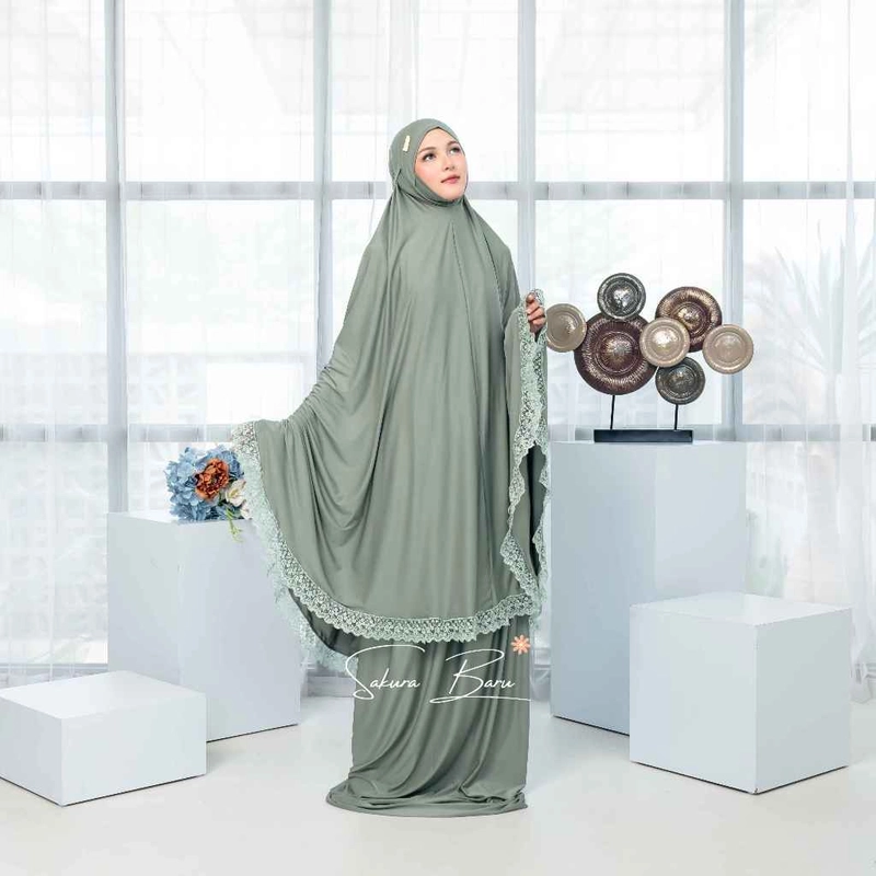 Product image Sakura Baru - Mukena Aqiqah Penutup Dagu Renda Jarsey Renda Jumbo All Size greentea