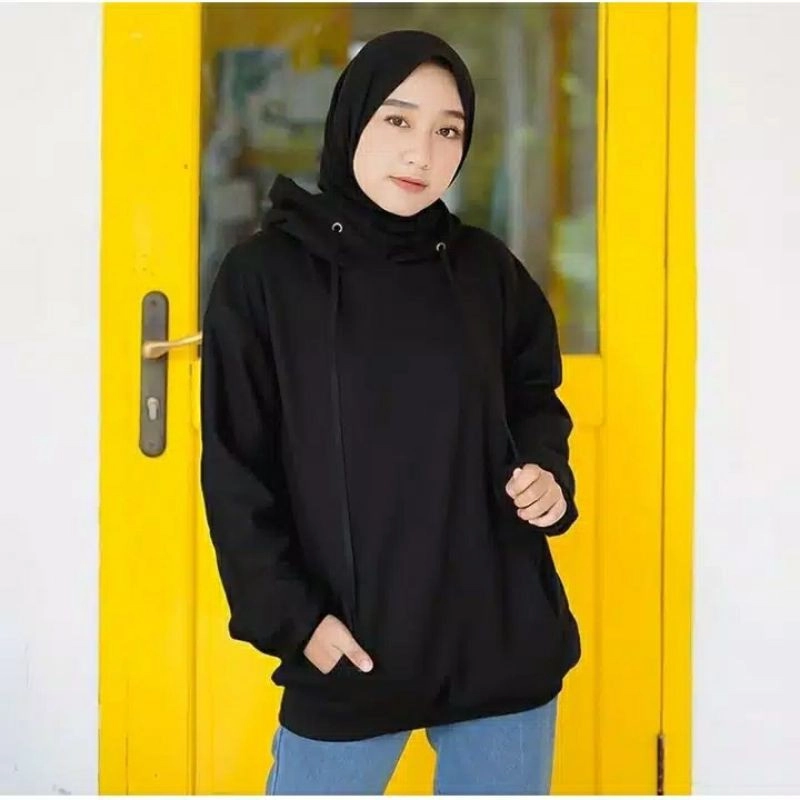 Product image Sweater Hoodie polos Muslimah II Jumper Hoodie Trendy cowo cewe II Sweter Oblong ALLSIZE HITAM