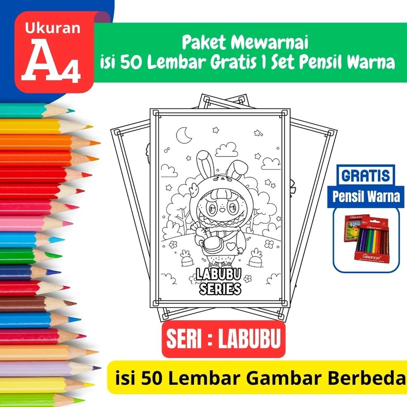 Product image FEID Store - [ EDISI LABUBU ] Promo Paket Mewarnai isi 50 Lembar Gratis 1 Set Pensil Warna - A4 Tebal A4 TEBAL