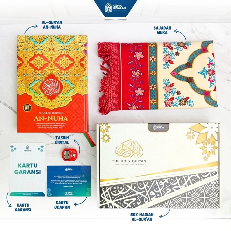 Product image Gema Risalah - Hampers Gift Set Ibadah Quran An Nuha Tajwid Warna Terjemah dan Sajadah Turkiye Premium Anti Slip Hampers Merah