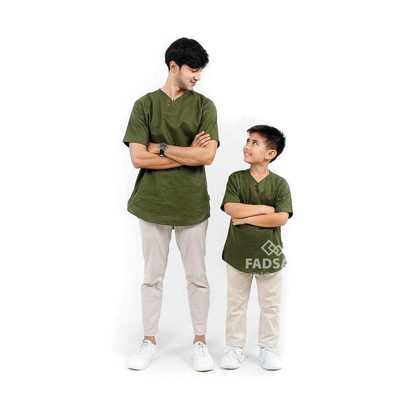 Product image FADSAN - Baju Couple Ayah dan Anak Koko Muslim Bahan Katun Linen Lengan Pendek Warna Army - Mono Series SIZE ANAK XS MONO ARMY