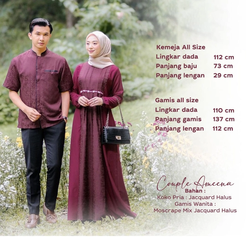 Product image Couple Koko Gamis Syari Ameena - TERBARU - Gamis Premium Dress Mix Payet Mutiara - Wudhu Friendly Koko Allsize Saja Maron