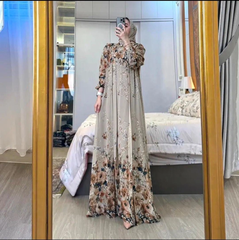 Product image Khisna collection - Gamis set hijab motif baru bunga bahan Ceruty nyaman dn cantik dipakai Allsize Cream