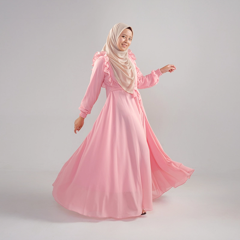 Product image MOSCOU - Baju Busana Dress Gamis Wanita Muslim Muslimah Syari Syar'I Remaja Ibu Busui Simple Simpel Elegan Casual Pesta Kondangan Lebaran Terbaru Kekinian Ceruty Ceruti Babydoll Premium Full Furing Hyget Adem Lembut Pink Peach Polos M Pink Peach