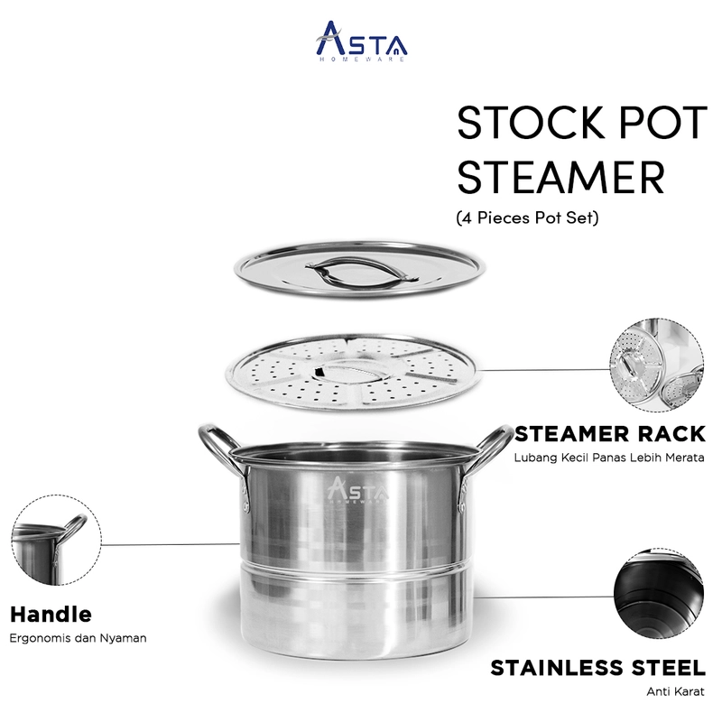 Product image Asta Dandang Kukus Stainless Tebal Stock Pot Steamer 01 Set 4 pcs Warna Silver