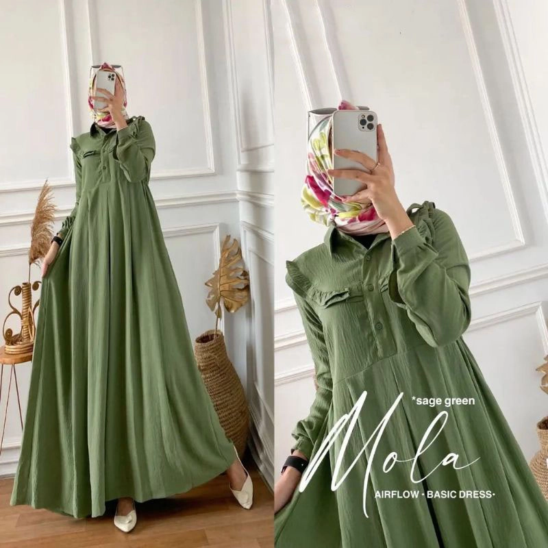 Product image MEQA DAILY - MEGA DAILY - Mola Dress Wanita Kancing Aktif Airflow Crinkle XL Olive