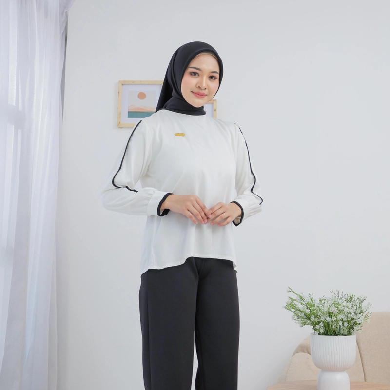 Product image Sseolshop - Blouse Lotus Atasan Putih Wanita List Hitam Kasual Bahan Rayon Twill terbaru L Bw