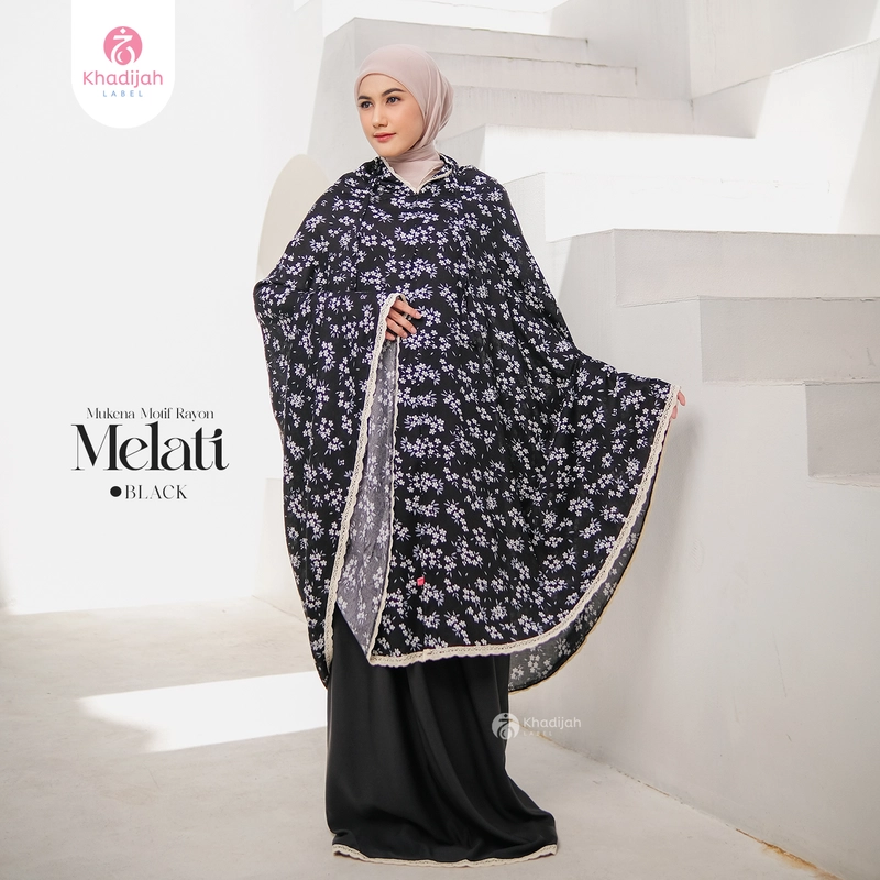 Product image KhadijahLabel - Mukena Dewasa Resleting Dagu Motif Melati Semi Jumbo Black
