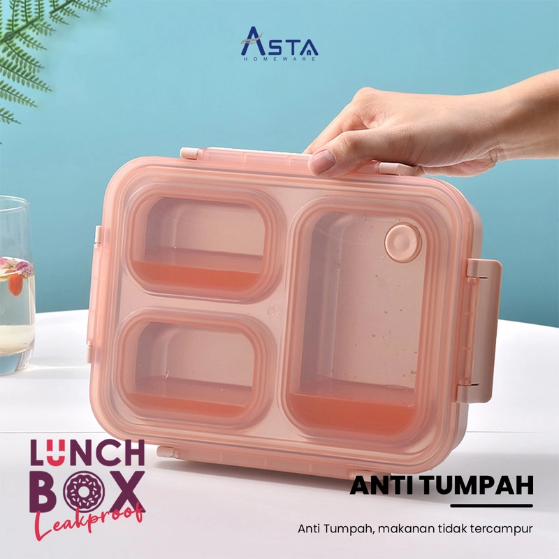 Product image Asta Kotak Makan Stainless Steel 304 Leakproof Anti Tumpah Lunch Box 3 Sekat Food Grade Warna Pink