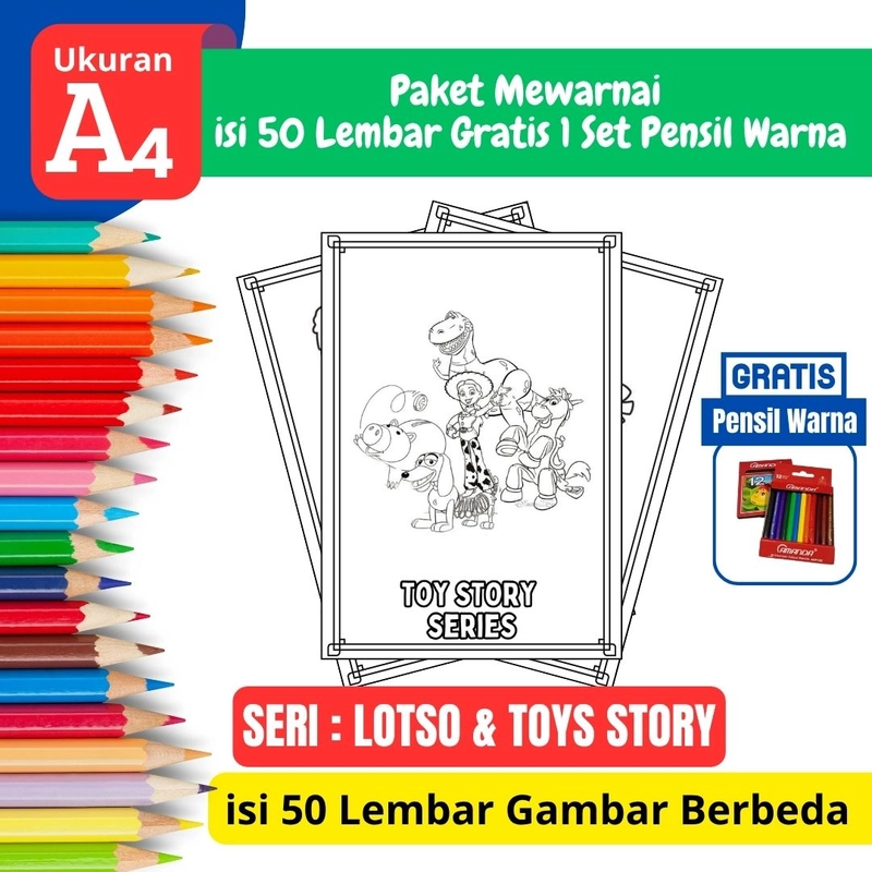 Product image FEID Store - [ EDISI LOSTO & TOYS STORY ] Promo Paket Mewarnai isi 50 Lembar Gratis 1 Set Pensil Warna - A4 Tebal A5 TEBAL