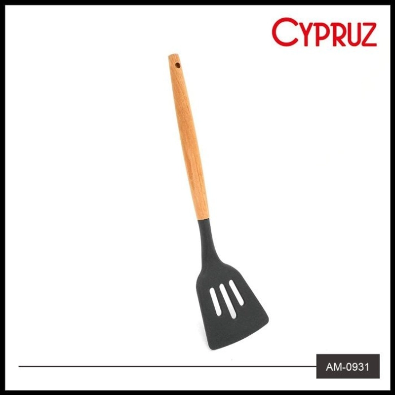Product image Cypruz - Cypruz Utensil Gagang Kayu Kepala Silicone Turner LUBANG AM-0931-AU Panjang : 32 cm Warna : Abu-abu