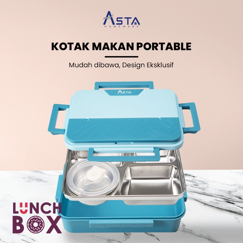 Product image Asta Kotak Makan Stainless Steel 304 Lunch Box 4 Sekat Dengan Soup Container Food Grade Warna Blue