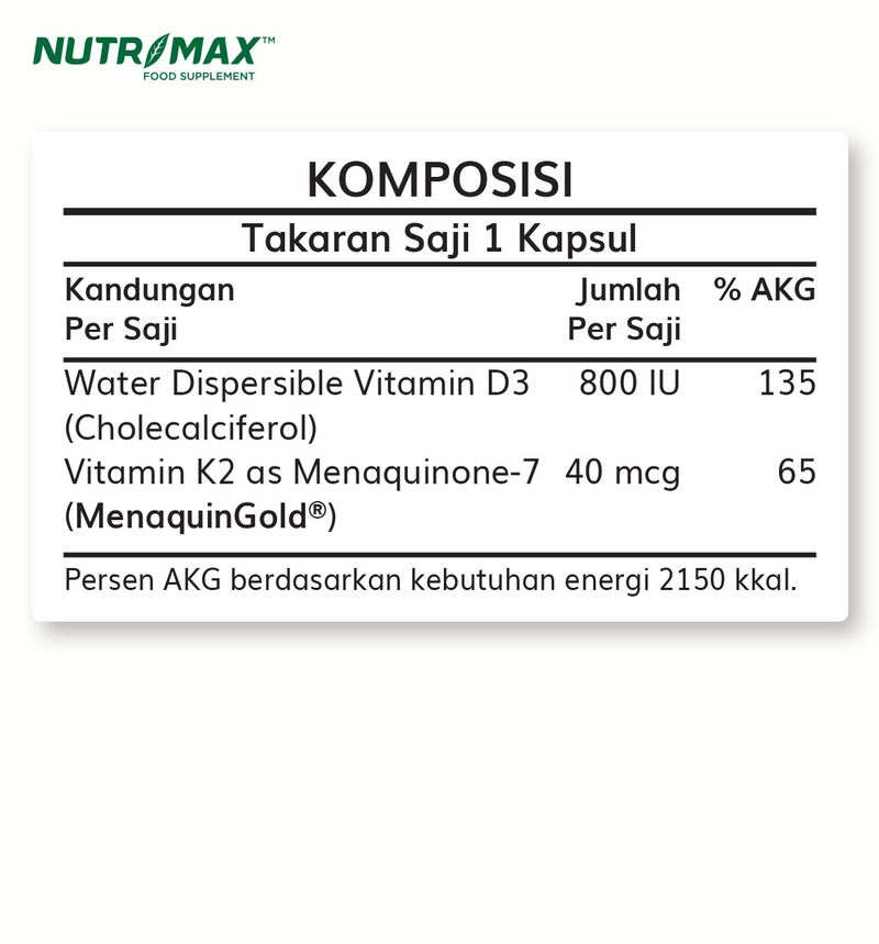 Product image Nutrimax Water Dispersible Vitamin D3 + K2 Kalsium Calcium Kesehatan Tulang Osteoporosis Lansia Isi 30 Naturecaps